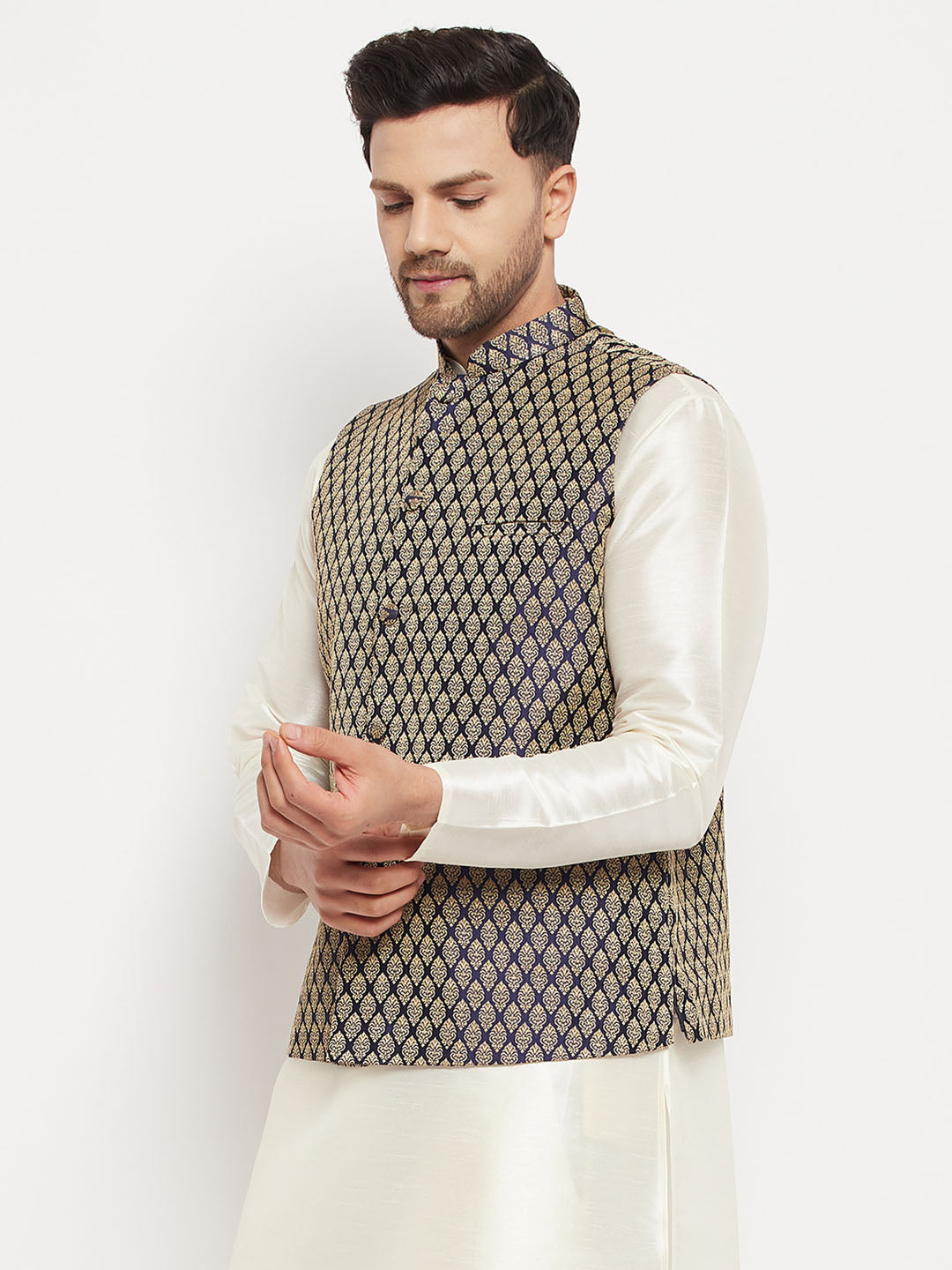 VASTRAMAY Men's Blue Cotton Silk Blend Ethnic Jacket