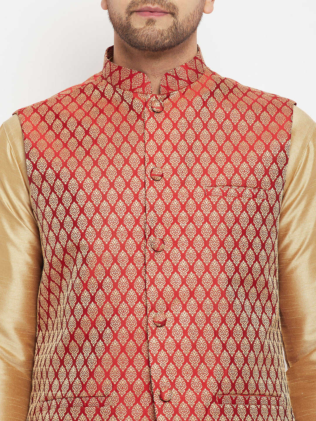 VASTRAMAY Men's Maroon Cotton Silk Blend Ethnic Jacket