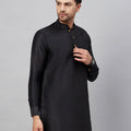 VASTRAMAY Men's Black Silk Blend Curved Kurta