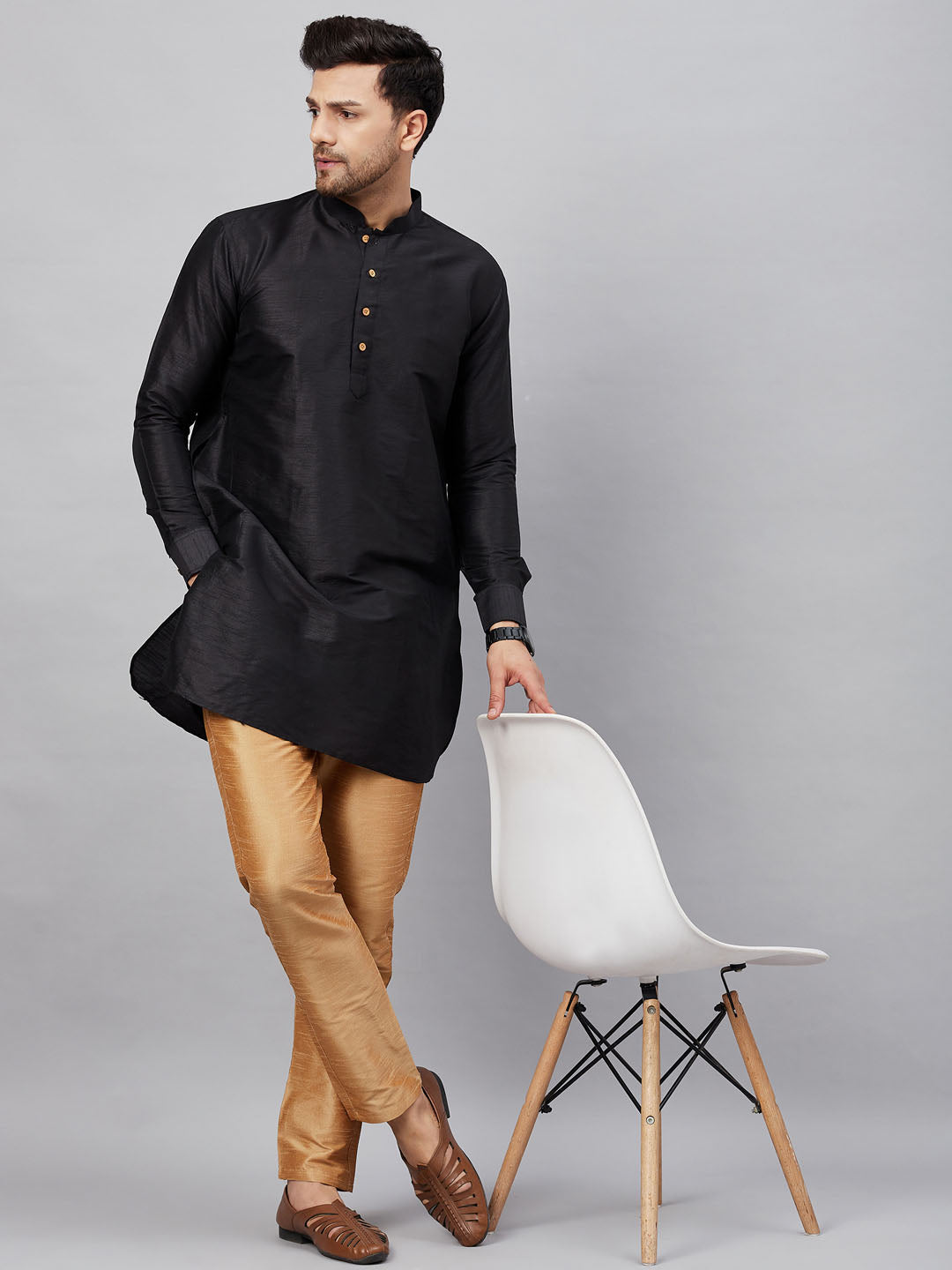 VASTRAMAY Men's Black Silk Blend Curved Kurta
