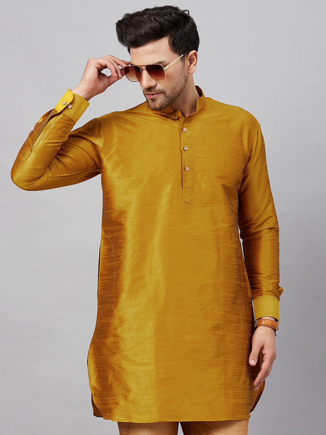 VASTRAMAY Men's Yellow Silk Blend Curved Kurta