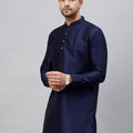 VASTRAMAY Men's Navy Blue Silk Blend Curved Kurta