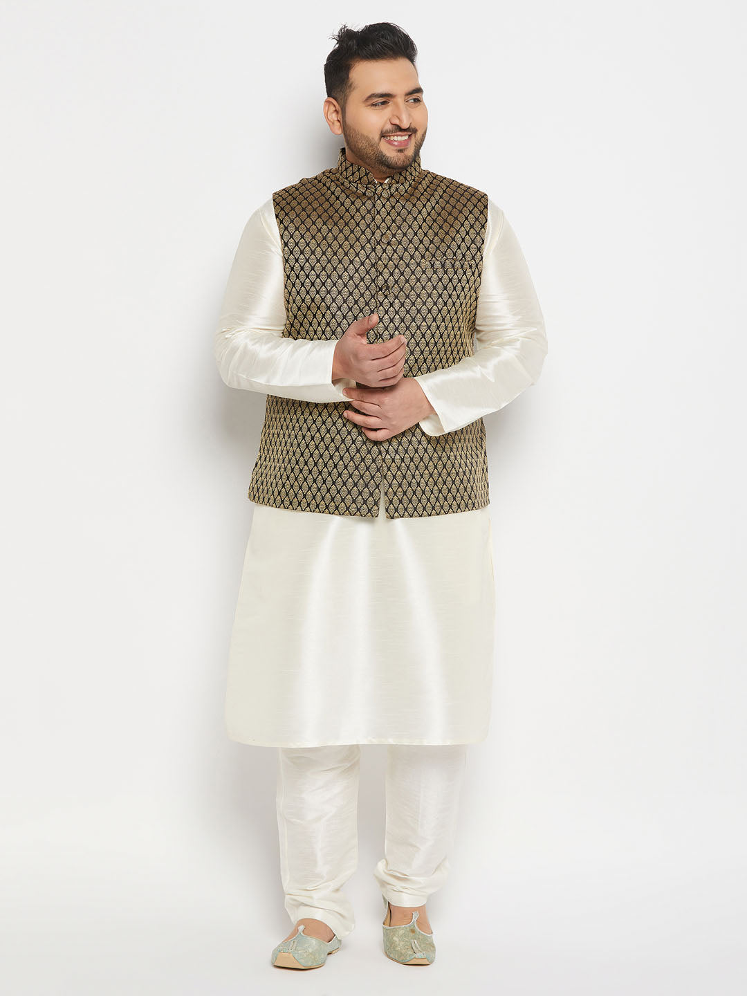 Men's Plus Size  Black Ethnic Jacket With Cream Silk Blend Kurta And Pant Style Pyjama Set