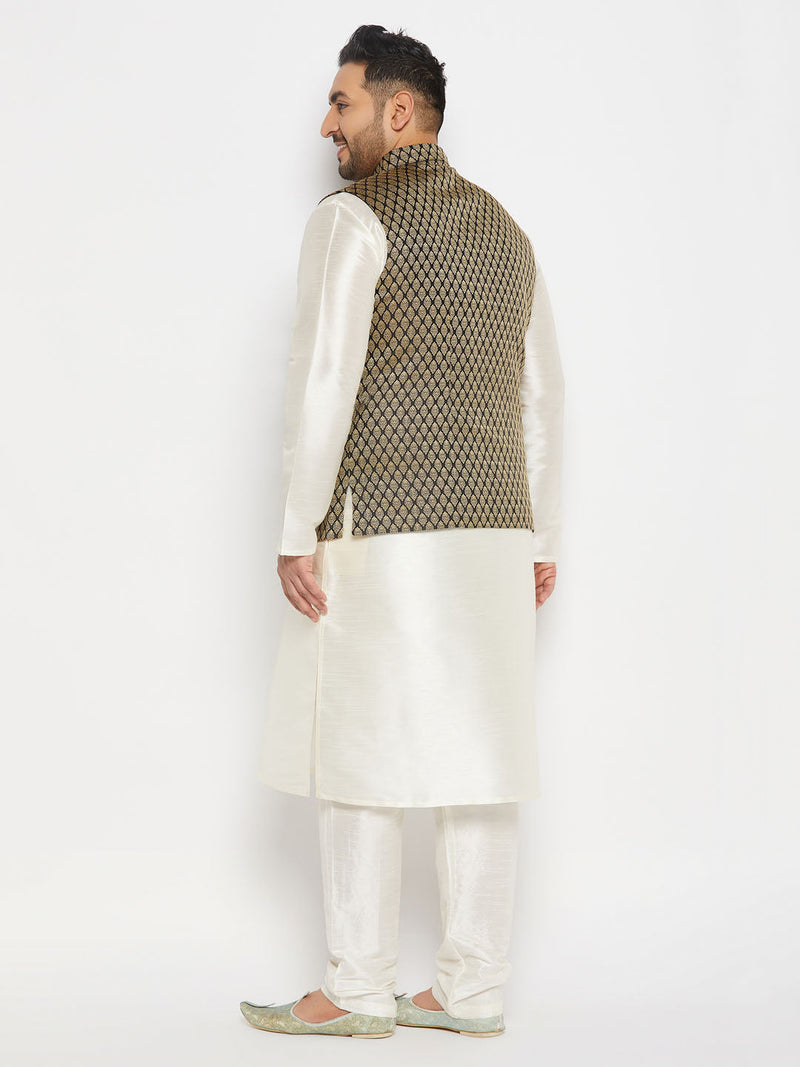 Men's Plus Size  Black Ethnic Jacket With Cream Silk Blend Kurta And Pant Style Pyjama Set