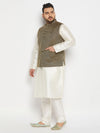 Men's Plus Size  Black Ethnic Jacket With Cream Silk Blend Kurta And Pant Style Pyjama Set