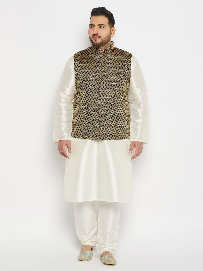 Men's Plus Size  Black Ethnic Jacket With Cream Silk Blend Kurta And Pant Style Pyjama Set