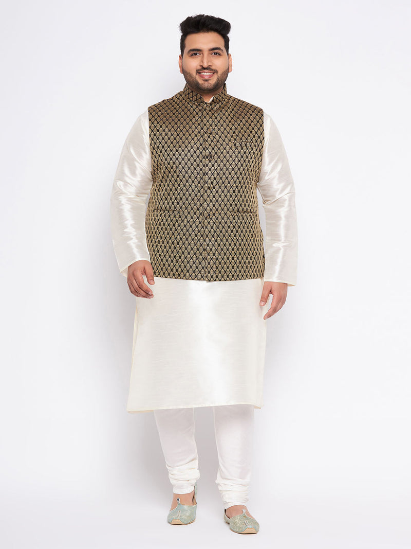Men's Plus Size  Black Ethnic Jacket With Cream Silk Blend Kurta And Pyjama Set