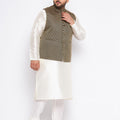 Men's Plus Size  Black Ethnic Jacket With Cream Silk Blend Kurta And Pyjama Set