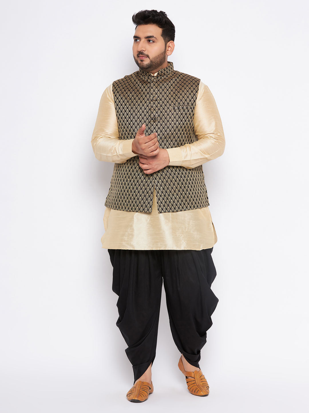 Men's Plus Size  Black Ethnic Jacket With Golden Silk Blend Kurta And Black Dhoti Set