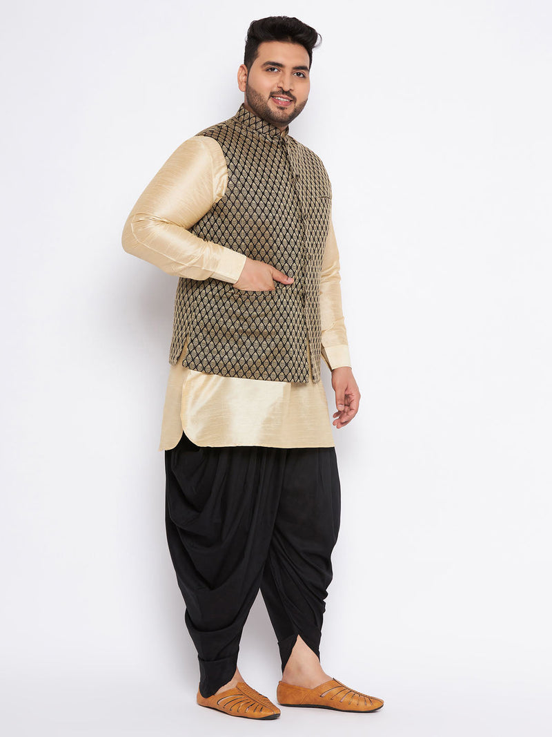 Men's Plus Size  Black Ethnic Jacket With Golden Silk Blend Kurta And Black Dhoti Set