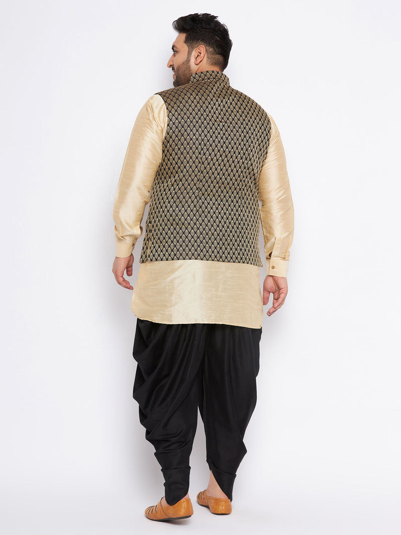 Men's Plus Size  Black Ethnic Jacket With Golden Silk Blend Kurta And Black Dhoti Set