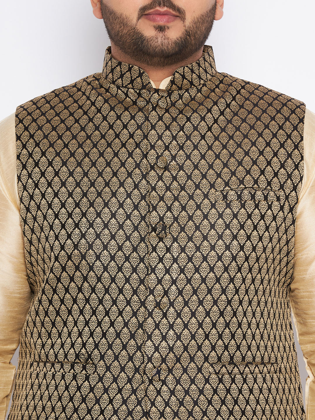 Men's Plus Size  Black Ethnic Jacket With Golden Silk Blend Kurta And Black Dhoti Set