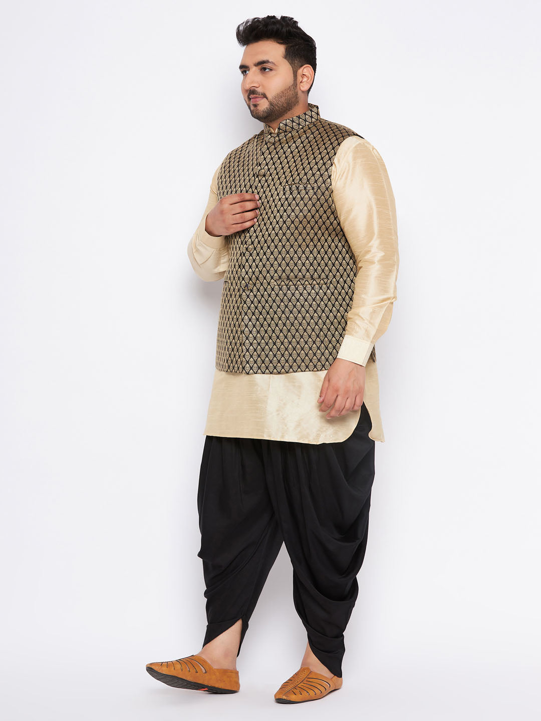 Men's Plus Size  Black Ethnic Jacket With Golden Silk Blend Kurta And Black Dhoti Set
