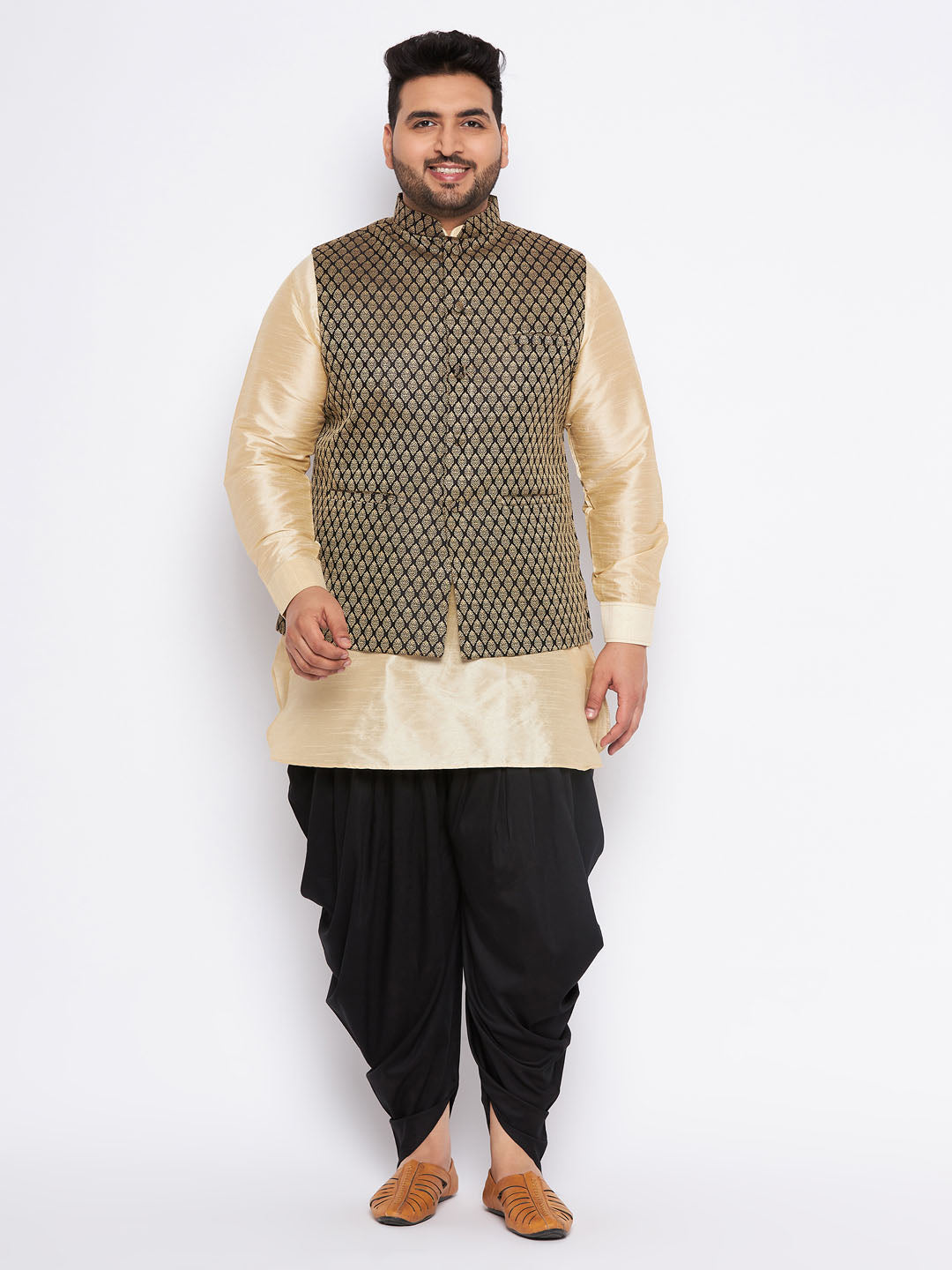 Men's Plus Size  Black Ethnic Jacket With Golden Silk Blend Kurta And Black Dhoti Set