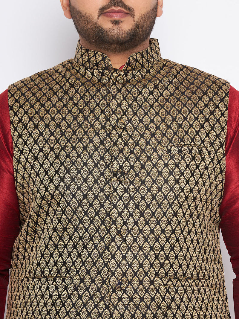 Men's Plus Size Black Ethnic Jacket With Maroon Silk Blend Kurta And Black Dhoti Set