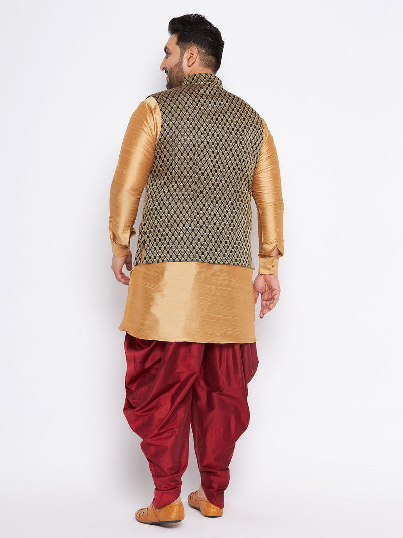 Men's Plus Size Black Ethnic Jacket With Rose Gold Silk Blend Kurta And Maroon Dhoti Set