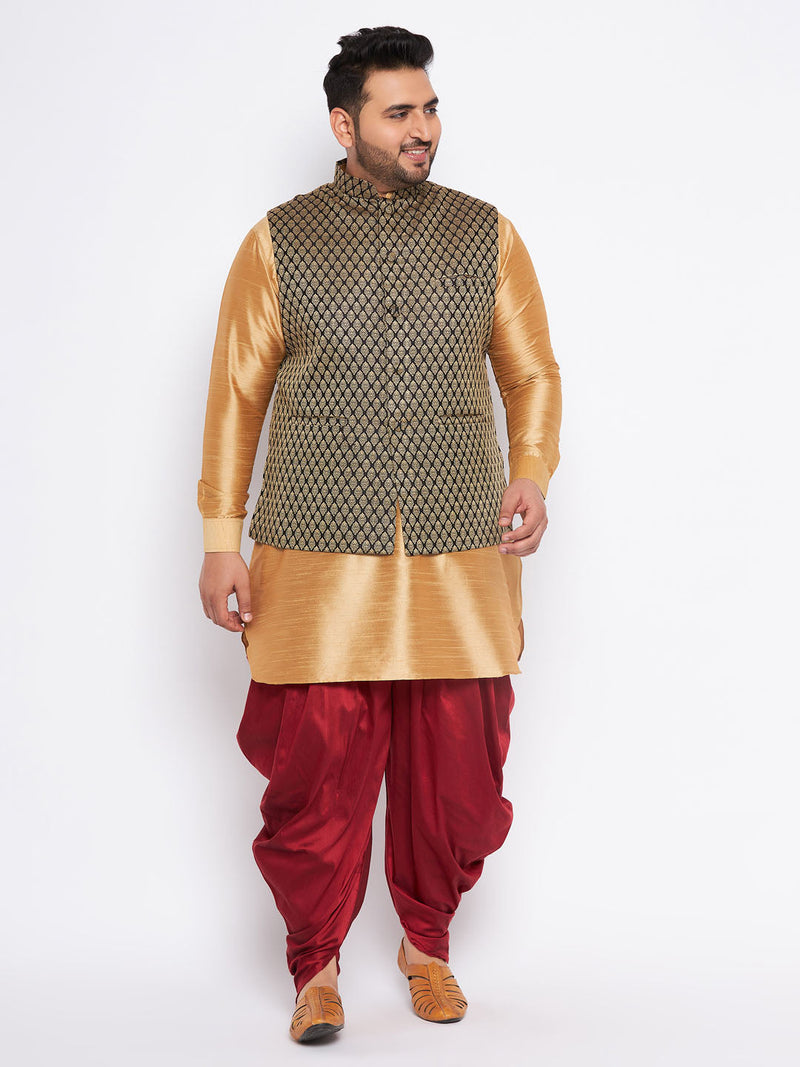 Men's Plus Size Black Ethnic Jacket With Rose Gold Silk Blend Kurta And Maroon Dhoti Set