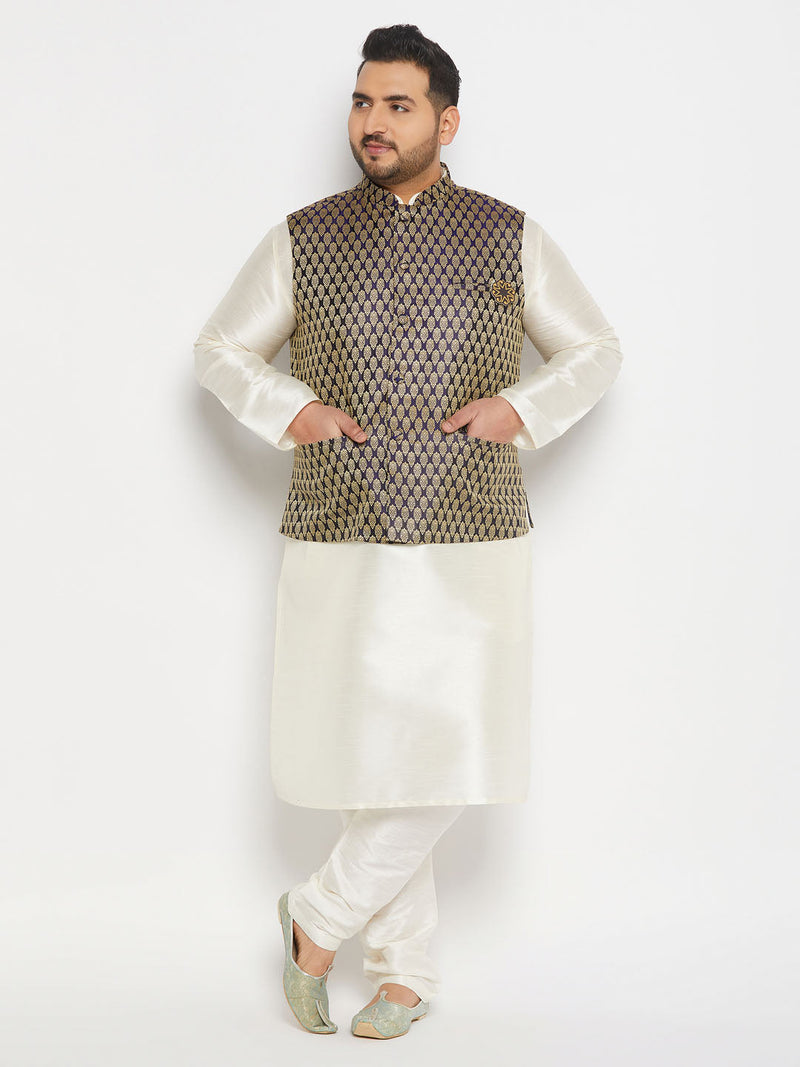 Men's Plus Size Blue Ethnic Jacket With Cream Silk Blend Kurta And Pant Style Pyjama Set