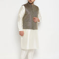 Men's Plus Size Blue Ethnic Jacket With Cream Silk Blend Kurta And Pant Style Pyjama Set
