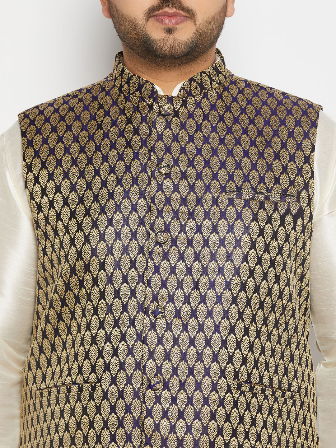 Men's Plus Size Blue Ethnic Jacket With Cream Silk Blend Kurta And Pant Style Pyjama Set