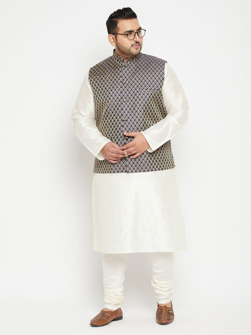 Men's Plus Size Cream And Navy Blue Silk Blend Jacket Kurta Pyjama Set