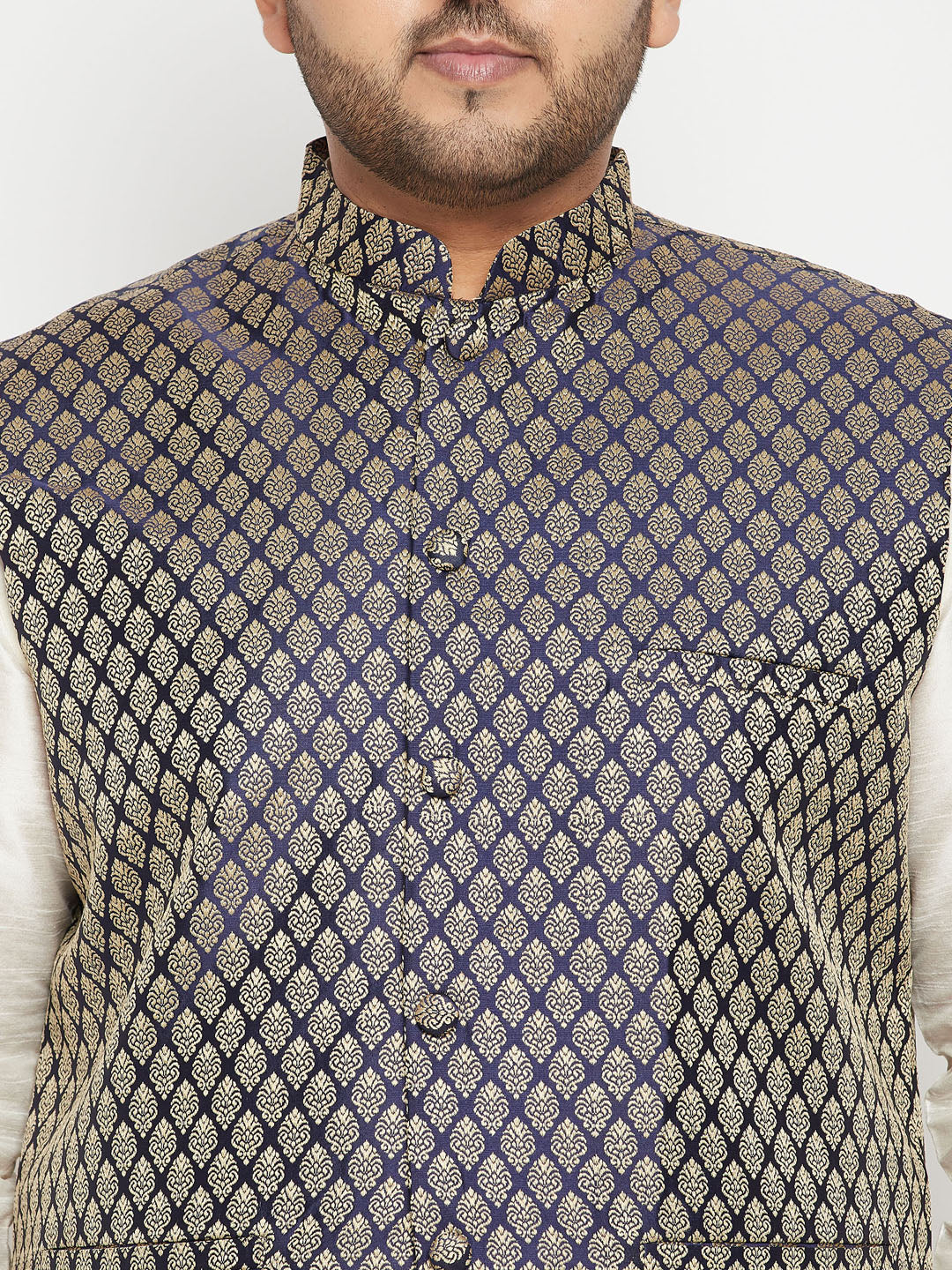 Men's Plus Size Cream And Navy Blue Silk Blend Jacket Kurta Pyjama Set