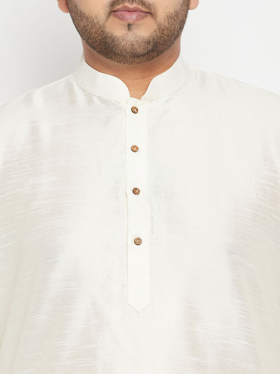 Men's Plus Size Cream And Navy Blue Silk Blend Jacket Kurta Pyjama Set