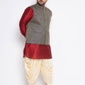 Men's Plus Size Navy Blue Woven Jacket With Maroon Kurta And Gold Dhoti Set