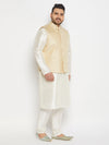 Men's Plus Size Cream Ethnic Jacket With Cream Silk Blend Kurta And Pant Style Pyjama Set