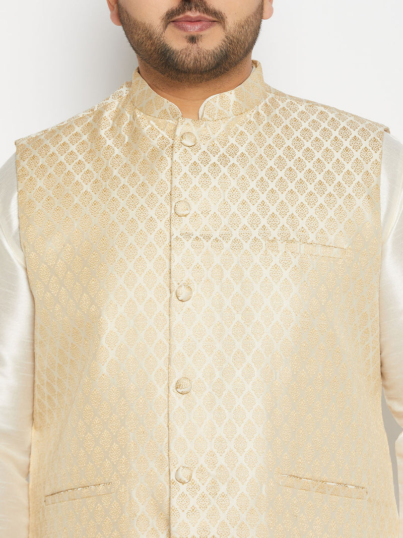 Men's Plus Size Cream Ethnic Jacket With Cream Silk Blend Kurta And Pant Style Pyjama Set