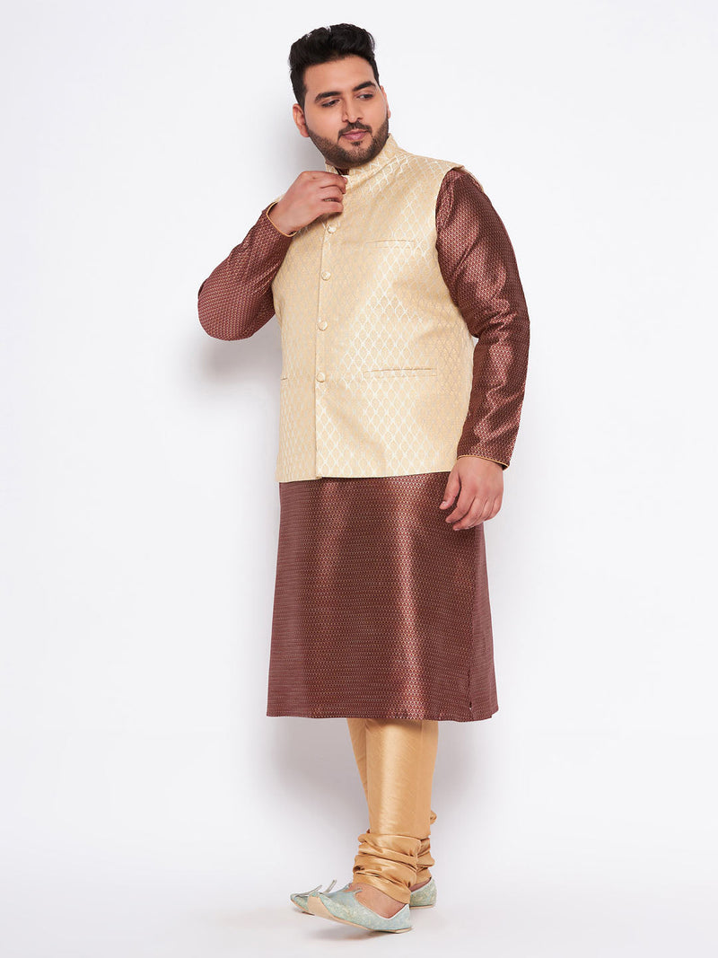 Men's Plus Size Cream Ethnic Cream Jacket With Maroon Silk Blend Kurta And Golden Pyjama Set