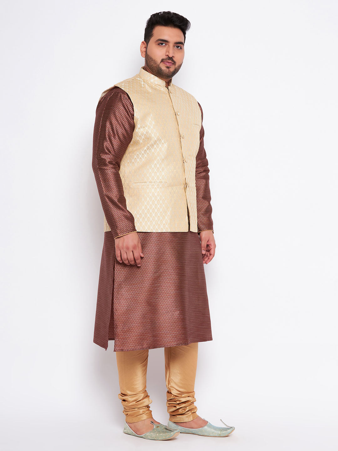 Men's Plus Size Cream Ethnic Cream Jacket With Maroon Silk Blend Kurta And Golden Pyjama Set