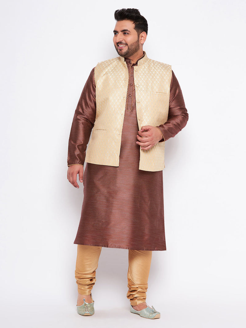Men's Plus Size Cream Ethnic Cream Jacket With Maroon Silk Blend Kurta And Golden Pyjama Set