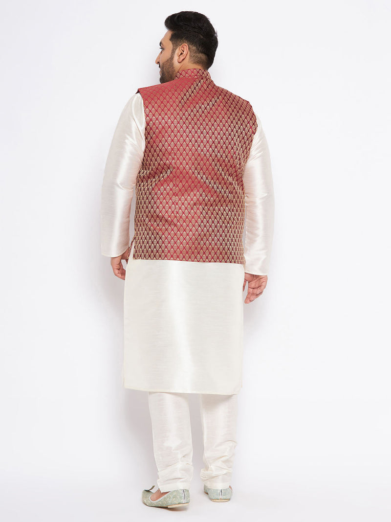 Men's Plus Size Maroon Silk Blend Jacket And Cream Kurta Pant Set