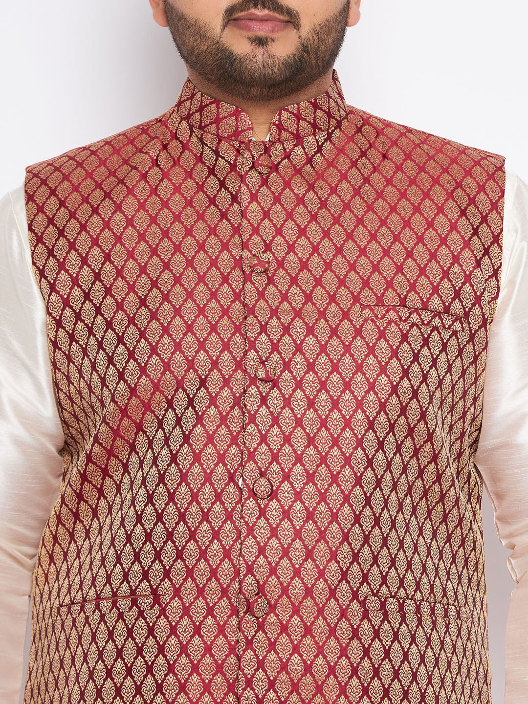 Men's Plus Size Maroon Silk Blend Jacket And Cream Kurta Pant Set