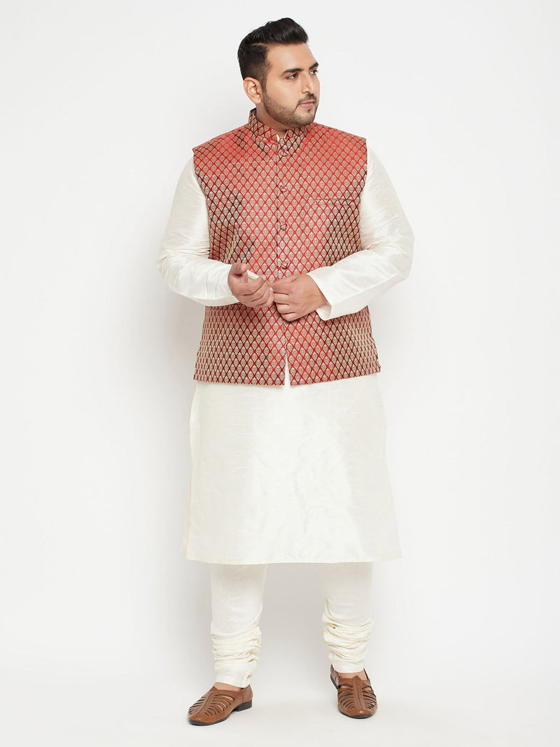 Men's Plus Size Cream And Maroon Silk Blend Jacket Kurta Pyjama Set