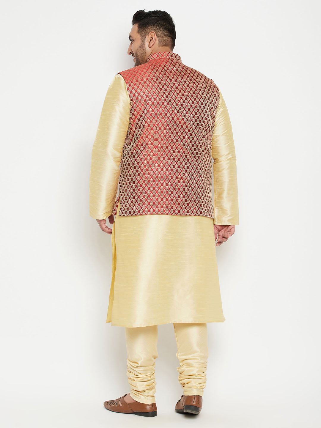 Men's Plus Size Gold And Maroon Brocade Silk Blend Jacket Kurta Pyjama Set