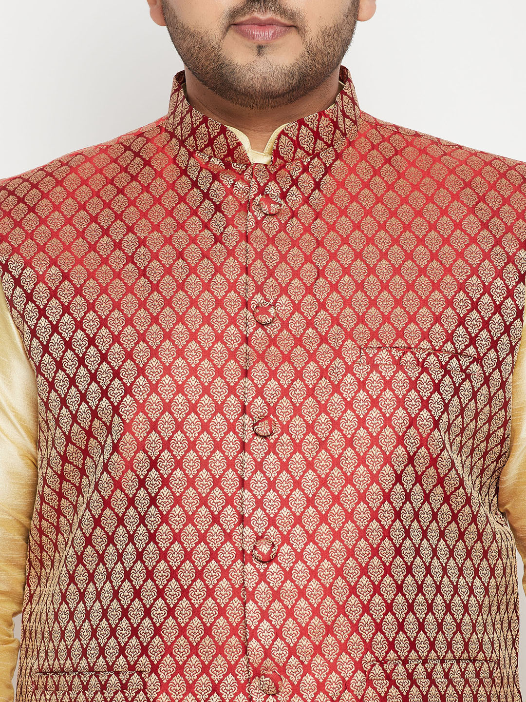Men's Plus Size Gold And Maroon Brocade Silk Blend Jacket Kurta Pyjama Set