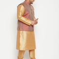 Men's Plus Size Rose Gold And Maroon Woven Silk Blend Jacket Kurta Pyjama Set
