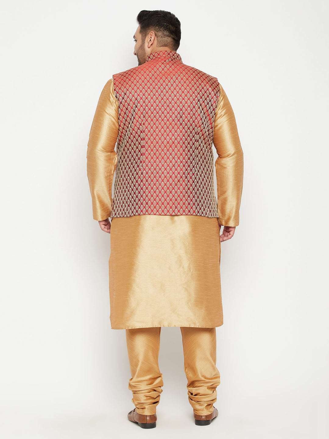 Men's Plus Size Rose Gold And Maroon Woven Silk Blend Jacket Kurta Pyjama Set