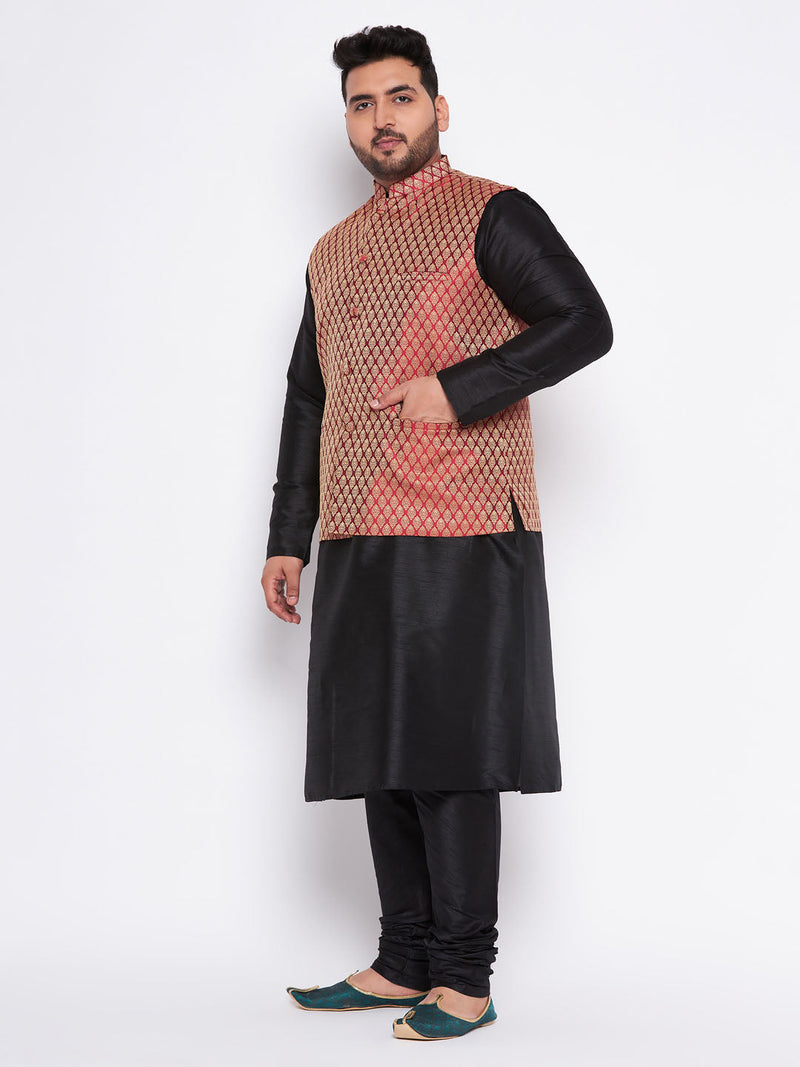 Men's Plus Size Maroon Woven Nehru Jacket With Black Kurta And Pyjama Set