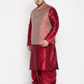 Men's Plus Size Maroon Woven Silk Blend Jacket And Maroon Silk Blend Kurta Dhoti Set