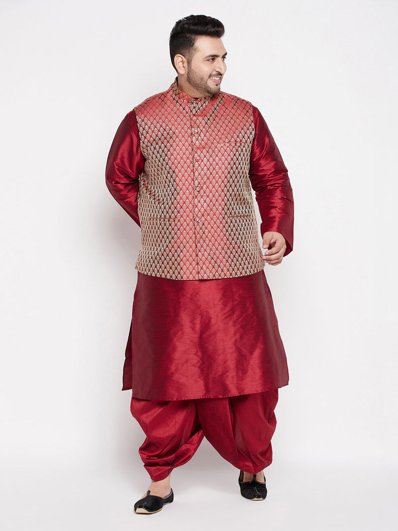 Men's Plus Size Maroon Woven Silk Blend Jacket And Maroon Silk Blend Kurta Dhoti Set
