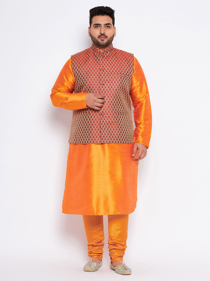 Men's Plus Size Maroon Woven Nehru Jacket With Orange Kurta And Pyjama Set