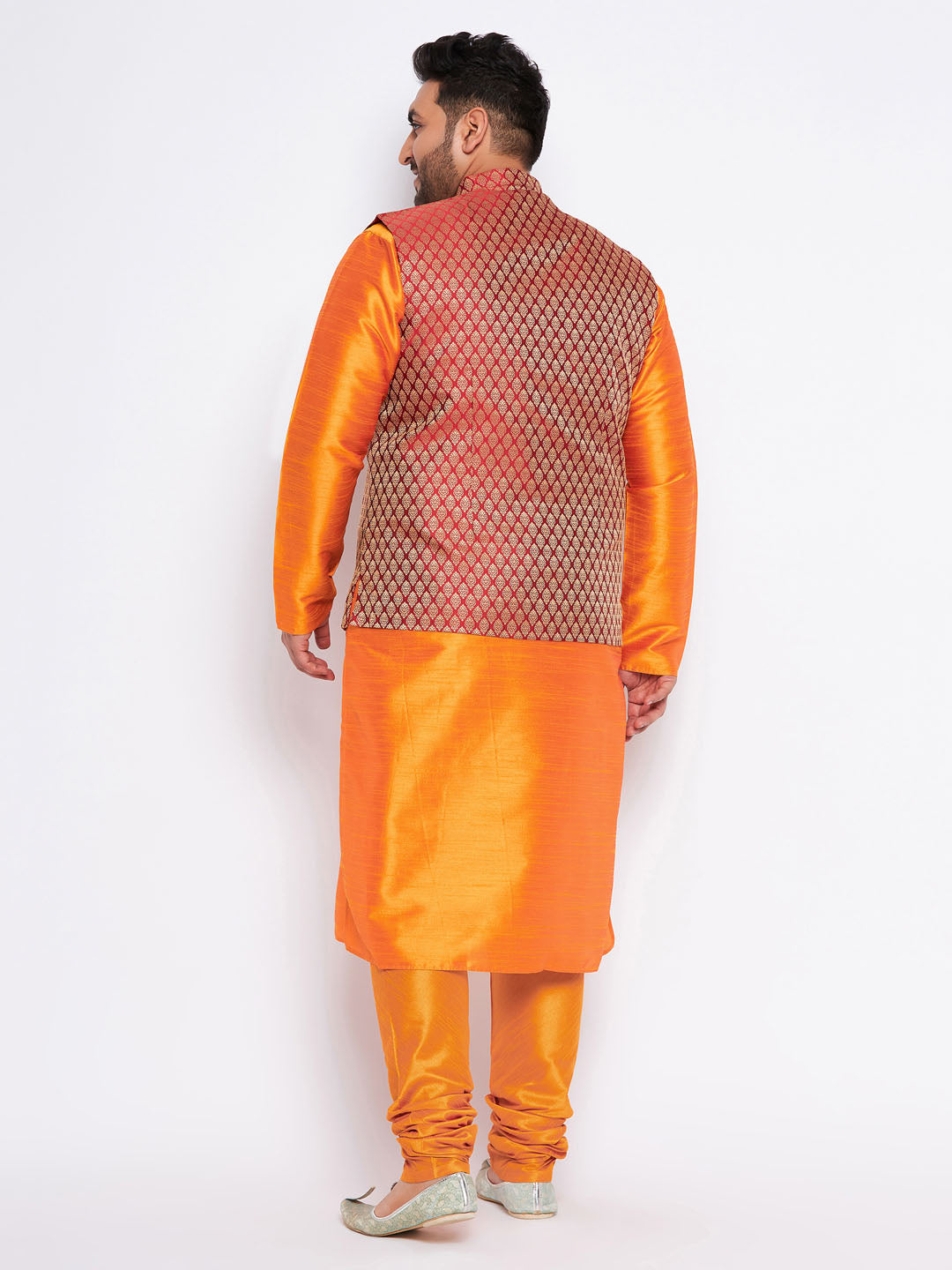 Men's Plus Size Maroon Woven Nehru Jacket With Orange Kurta And Pyjama Set