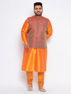 Men's Plus Size Maroon Woven Nehru Jacket With Orange Kurta And Pyjama Set