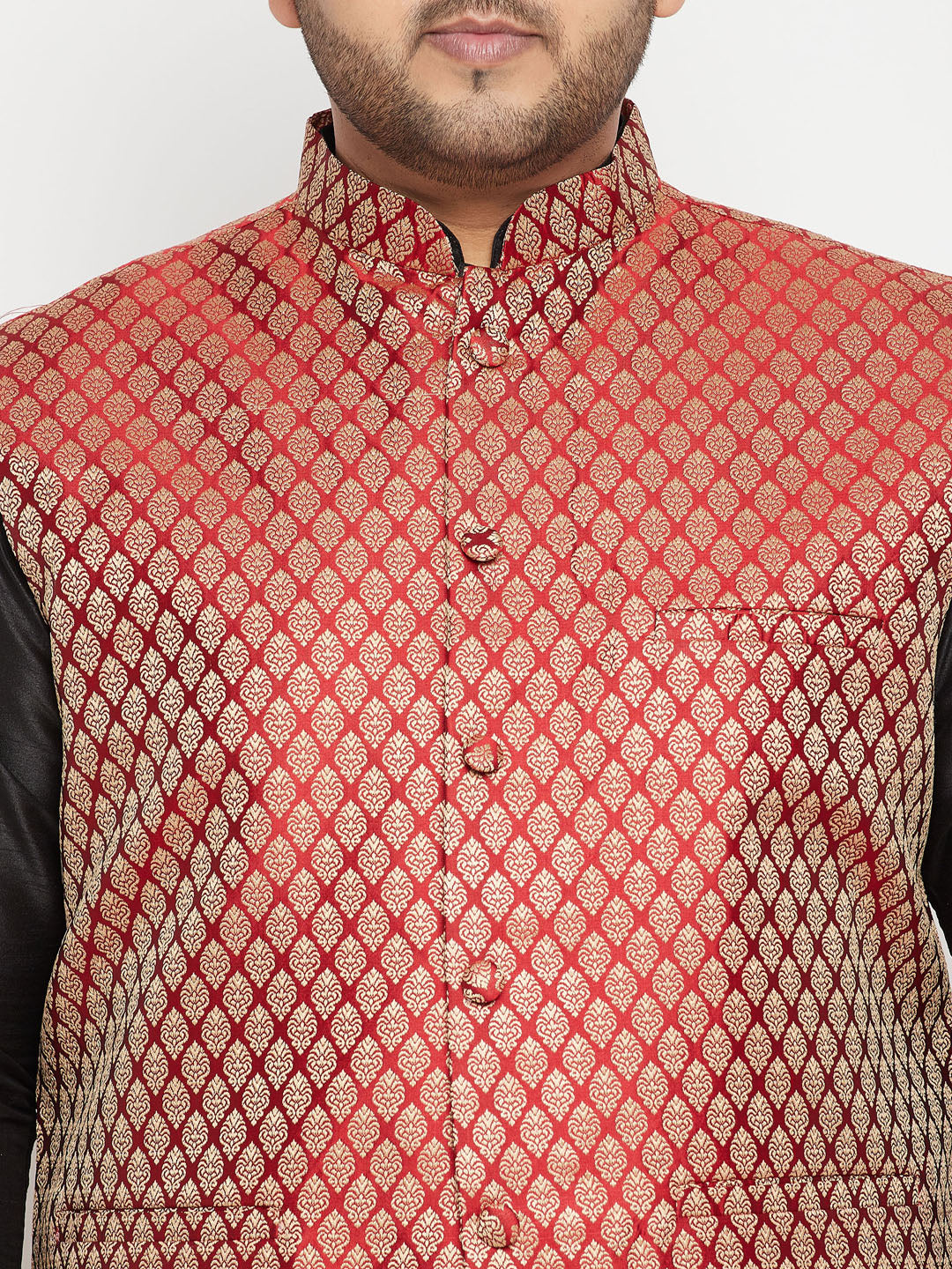 Men's Plus Size Black And Maroon Silk Blend Jacket With Kurta Dhoti Pant Set