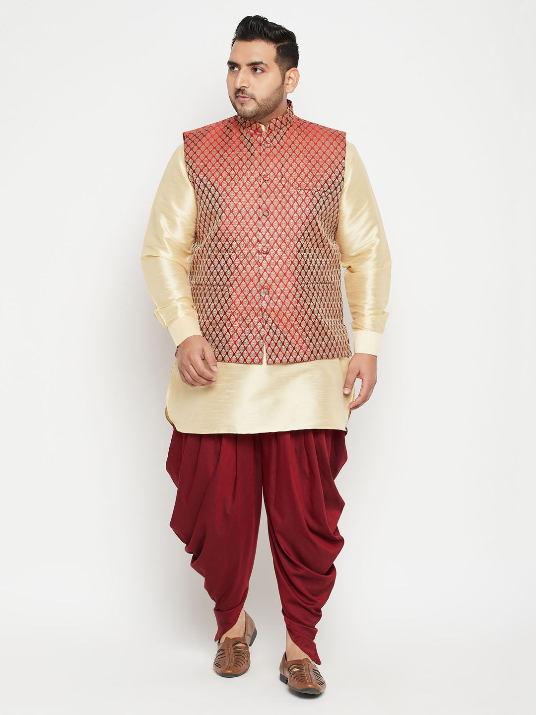 Men's Plus Size Gold And Maroon Silk Blend Jacket Kurta Dhoti Pant Set