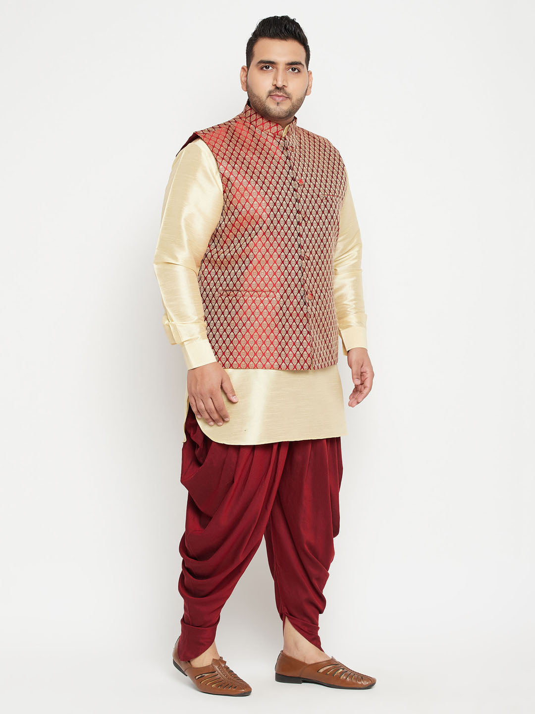 Men's Plus Size Gold And Maroon Silk Blend Jacket Kurta Dhoti Pant Set
