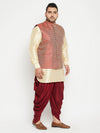 Men's Plus Size Gold And Maroon Silk Blend Jacket Kurta Dhoti Pant Set